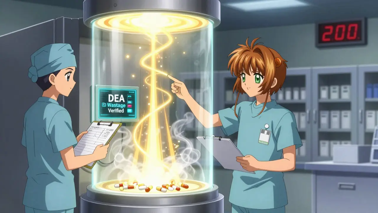 Two medical staff destroying drugs via incineration under digital DEA verification with glowing energy beams.