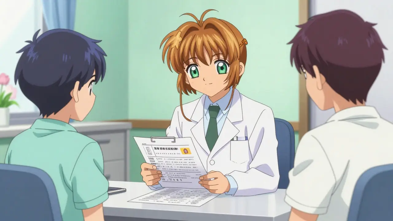 A psychiatrist explaining treatment monitoring to a teenager and parent in a bright office.