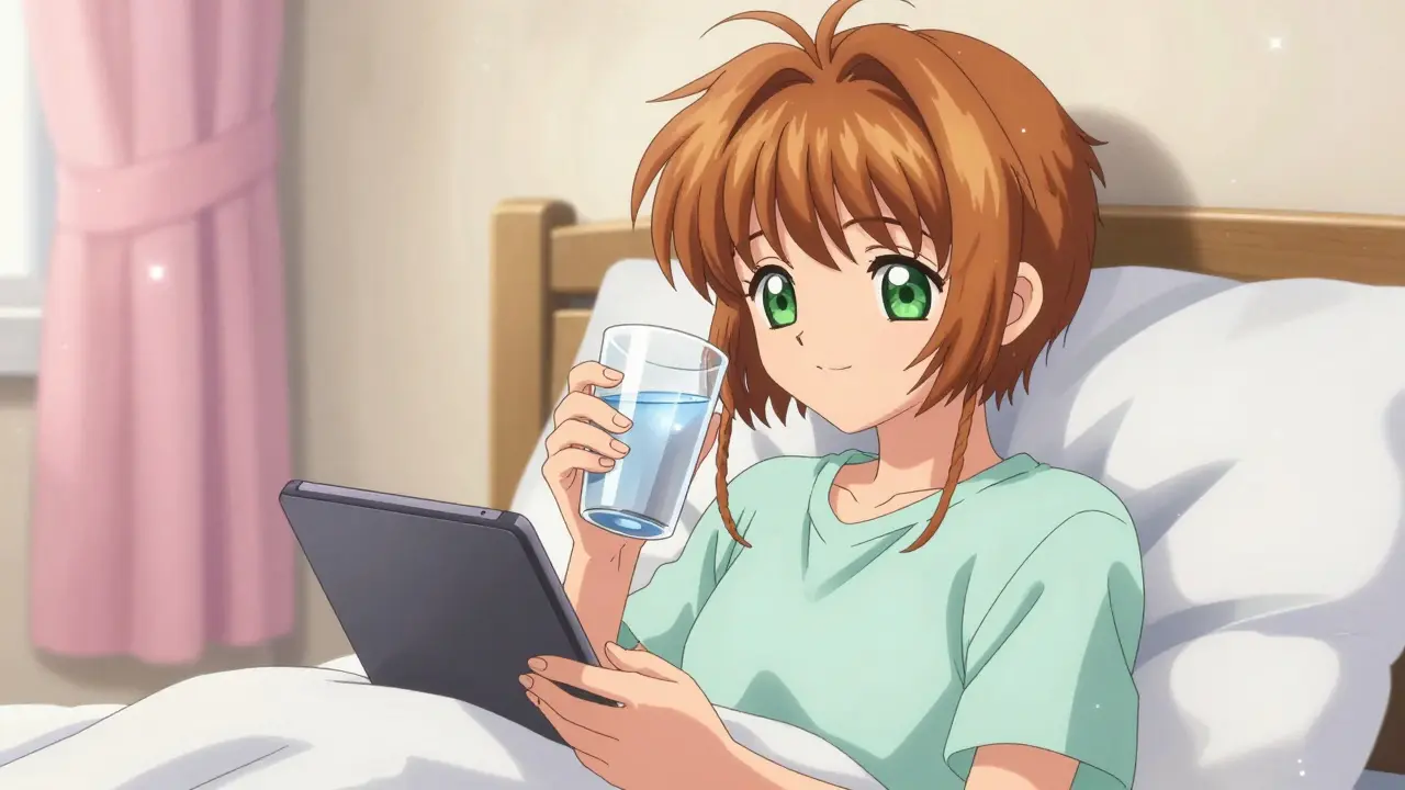 Anime girl smiling and holding a glass of water with medication in a bright, airy room.