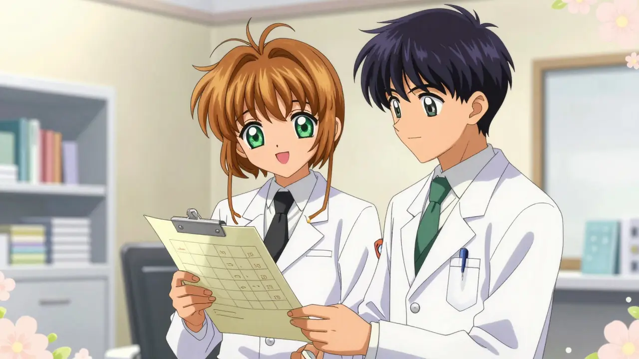 Anime style pharmacist and doctor collaborating in a bright, professional clinic