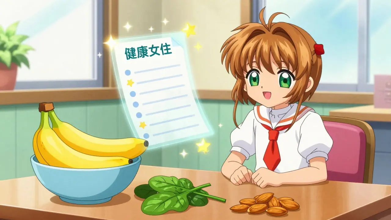 Character with healthy foods like bananas and spinach and a floating magical checklist.