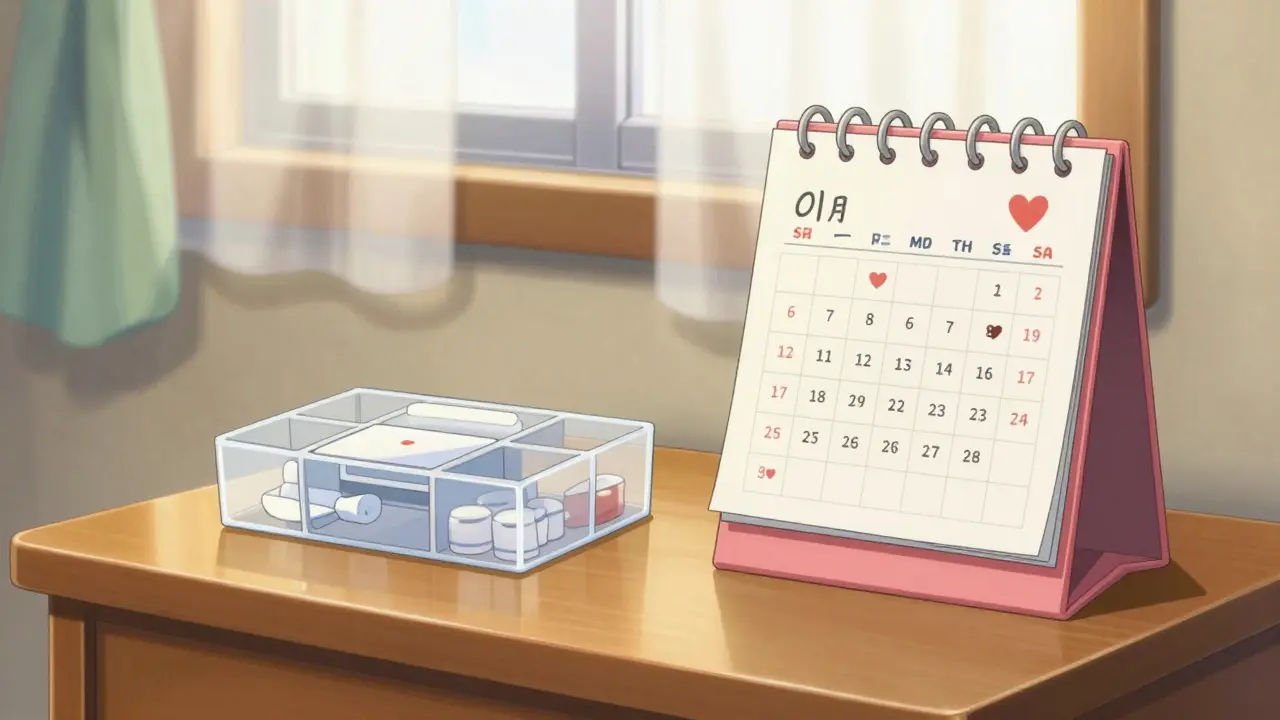 Close-up of a medicine organizer and calendar on a wooden table in soft light