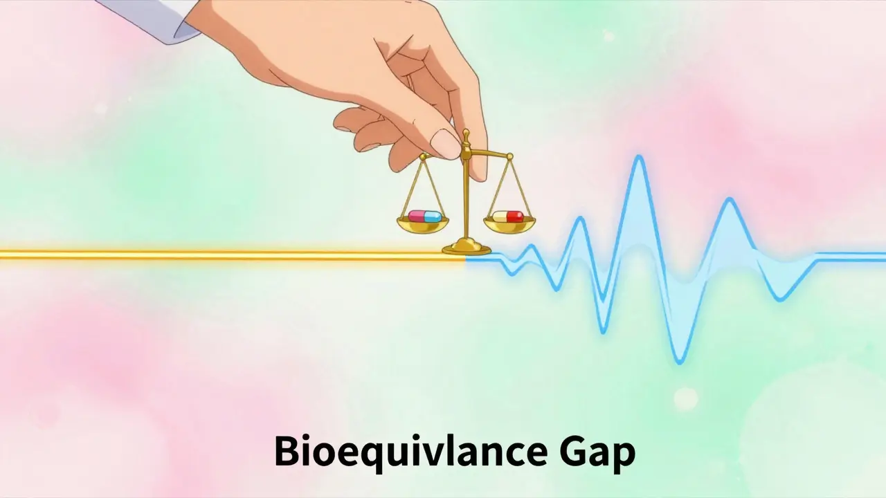 Conceptual anime art of a scale balancing two pills with fluctuating glowing lines