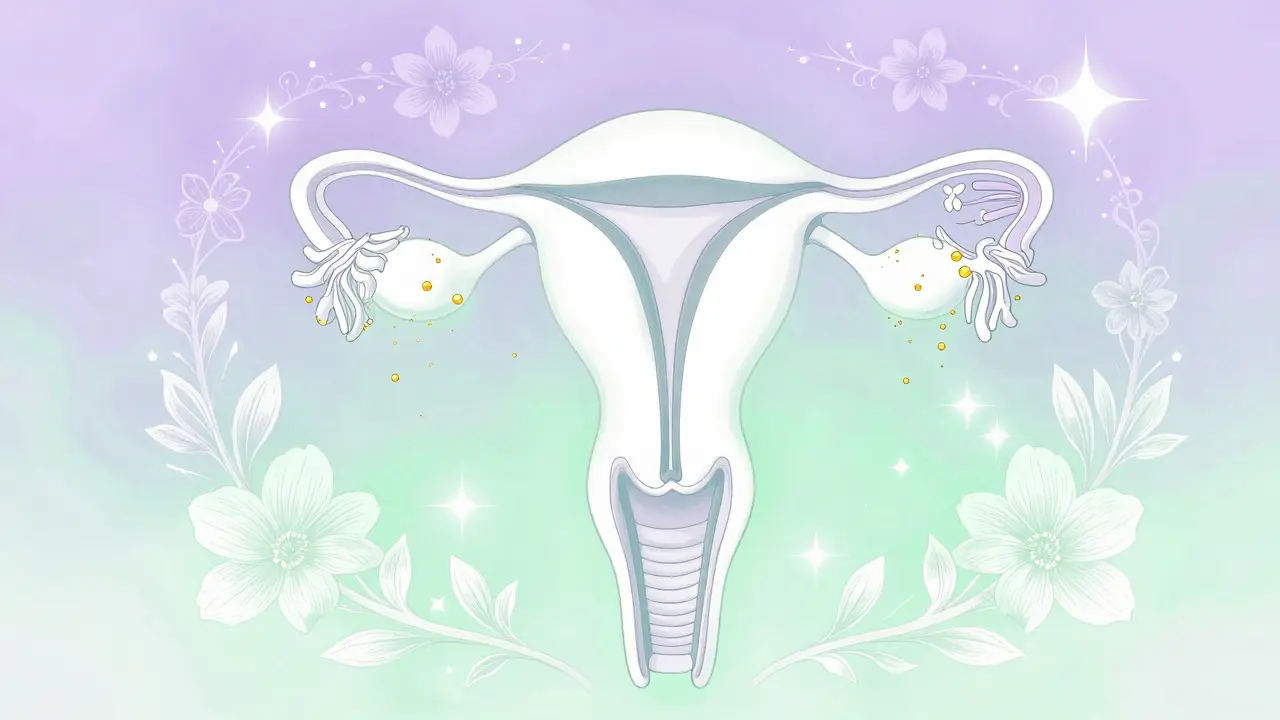 Ethereal anime illustration symbolizing ovulation and hormonal balance with sparkles