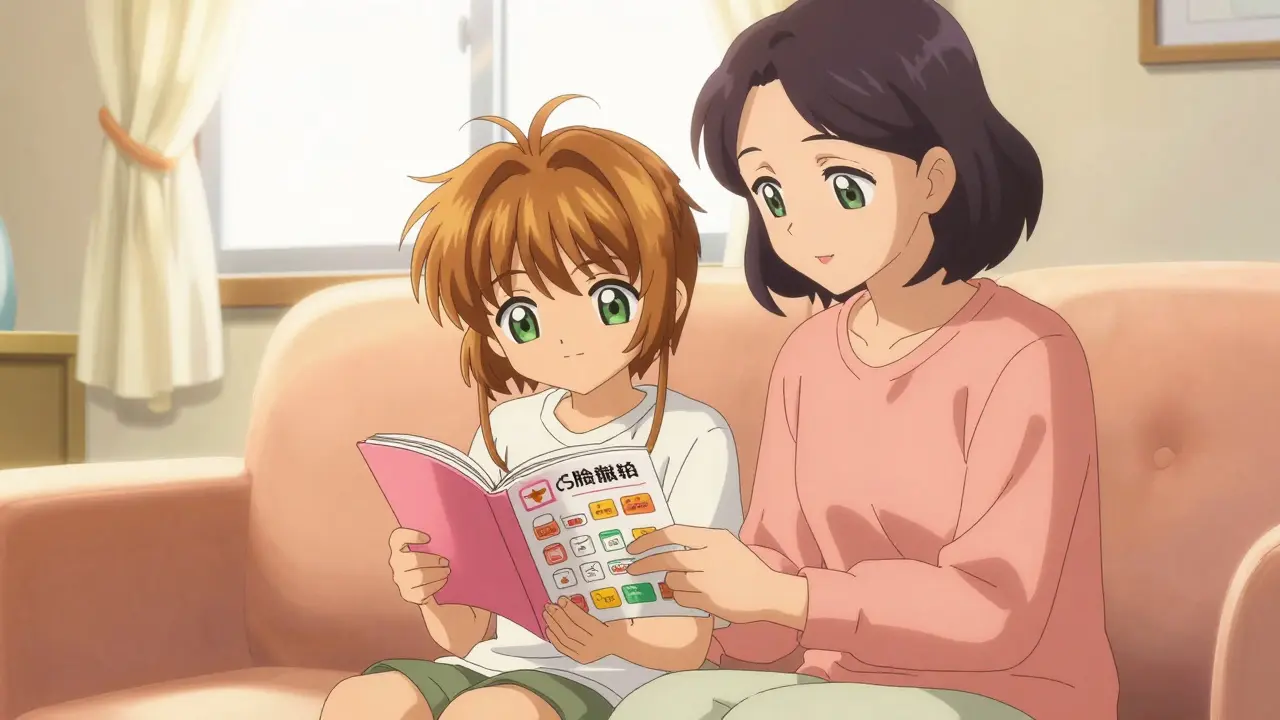 Parent and teenager reading a medication guide together in a sunlit, cozy living room.