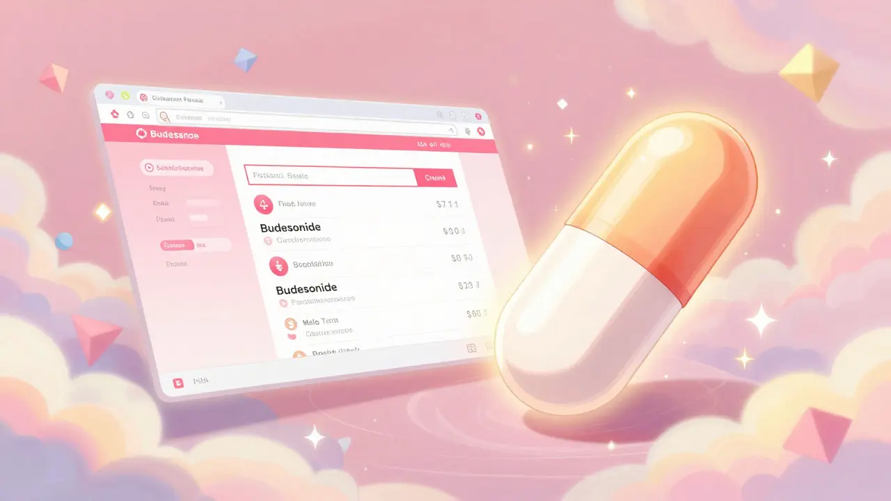 Stylized anime depiction of online pharmacy searching and a glowing medication capsule.