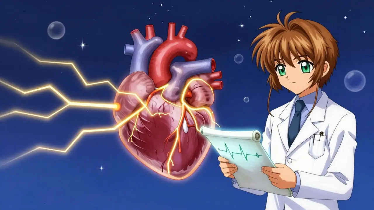 Stylized glowing heart with golden electrical currents and a kind doctor.