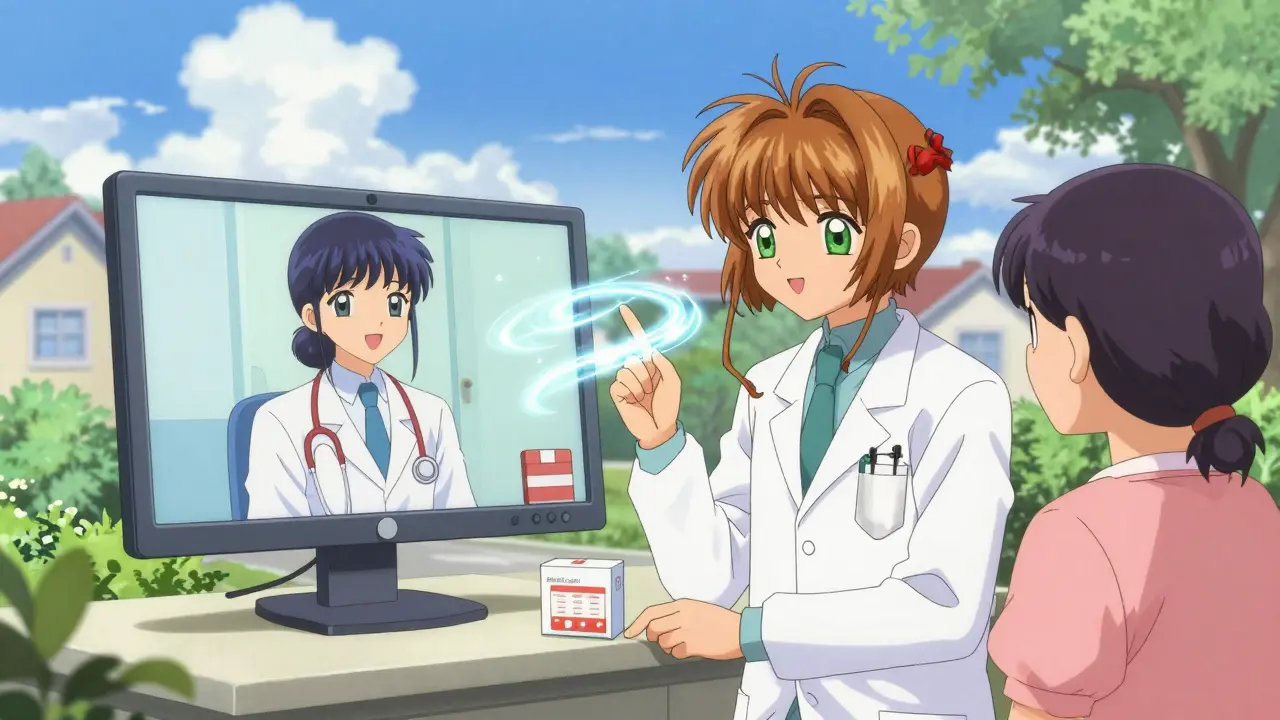 Telehealth consultation and medicine delivery depicted with magical swirls